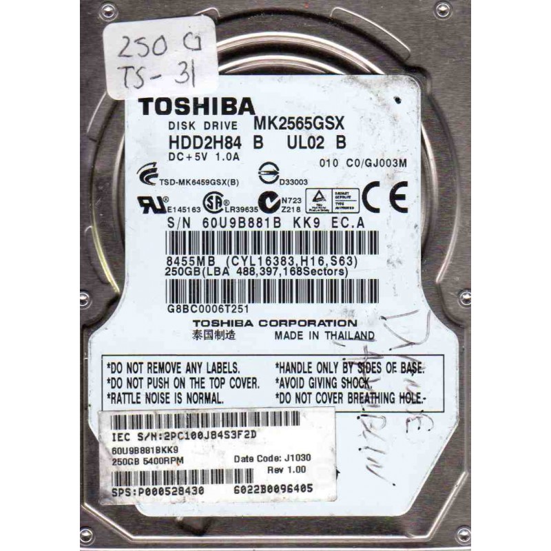 NEW TOSHIBA MK2565GSX 250GB SATA 2.5" 5400RPM Hard Drive 